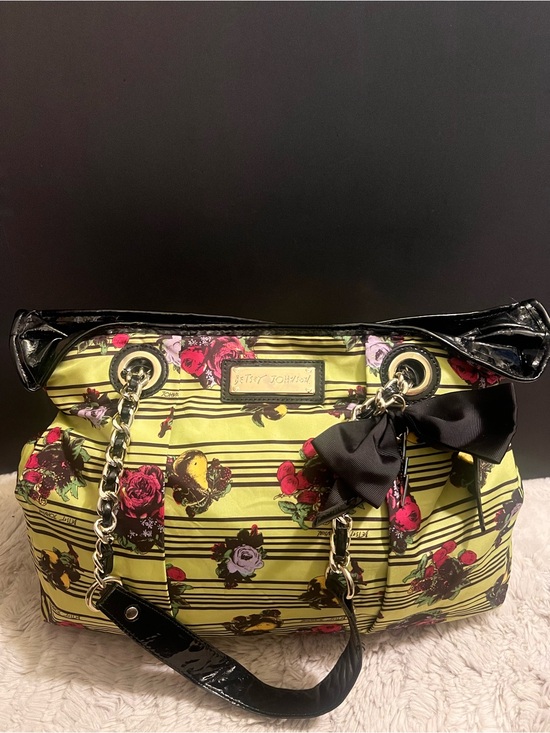 Betsey Johnson Handbags - Betsey Johnson Lime Green Floral Stripe Chain-Handle ShoulderTote Bag